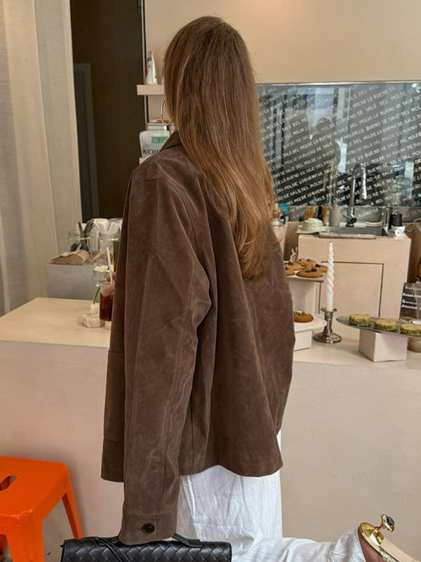 Brown Faux Suede Women's Shacket - Minimalist Turn-down Collar Button Up Jacket With Pocket - Spring Casual Streetwear 2026