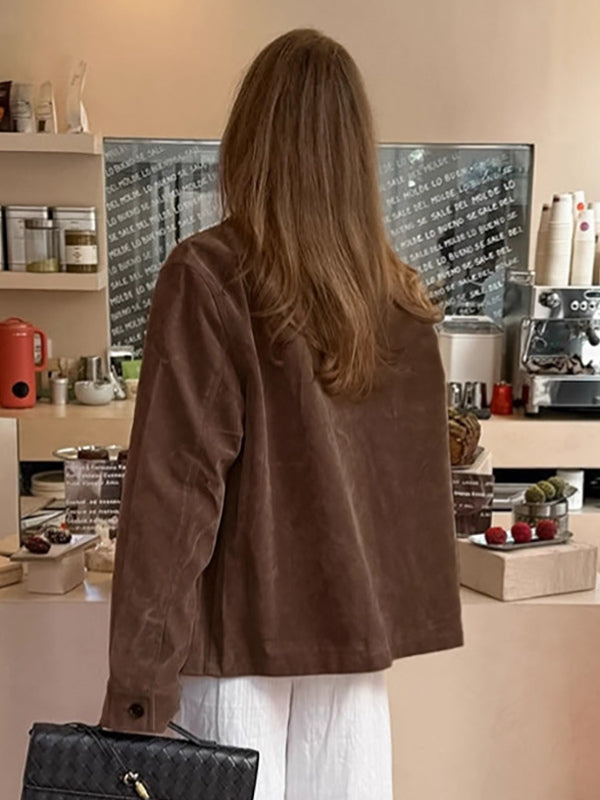 Brown Faux Suede Women's Shacket - Minimalist Turn-down Collar Button Up Jacket With Pocket - Spring Casual Streetwear 2026