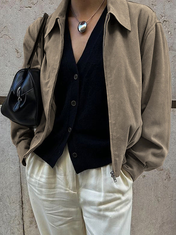 Faux Suede Women's Bomber - Retro Zip Up Elastic Hem Relaxed Fit - Spring Casual Daily Wear 2026