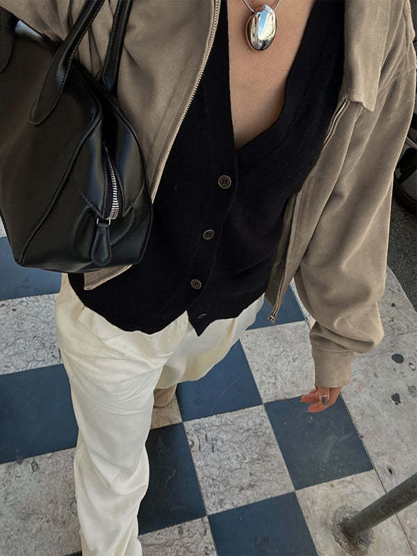 Faux Suede Women's Bomber - Retro Zip Up Elastic Hem Relaxed Fit - Spring Casual Daily Wear 2026