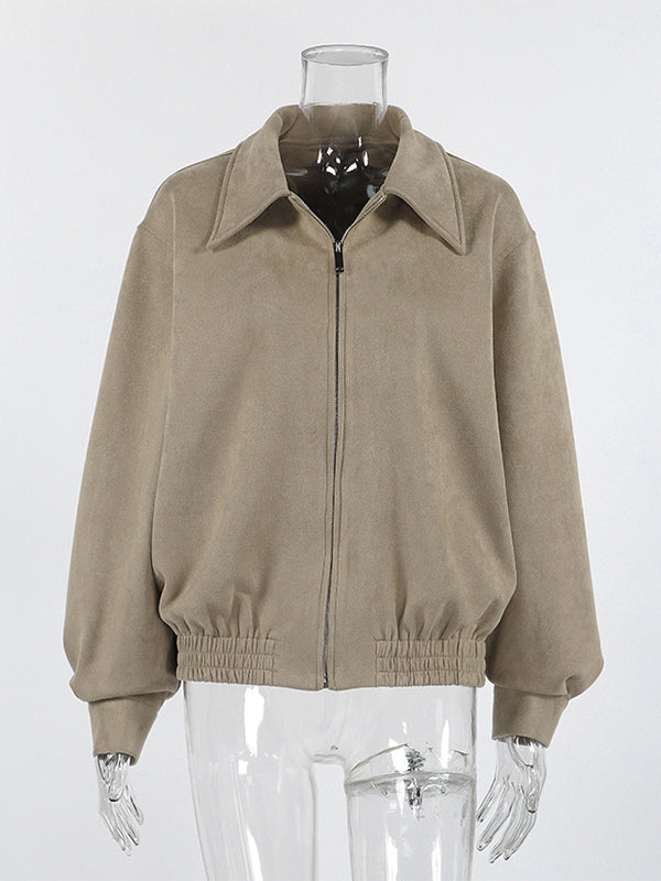 Faux Suede Women's Bomber - Retro Zip Up Elastic Hem Relaxed Fit - Spring Casual Daily Wear 2026