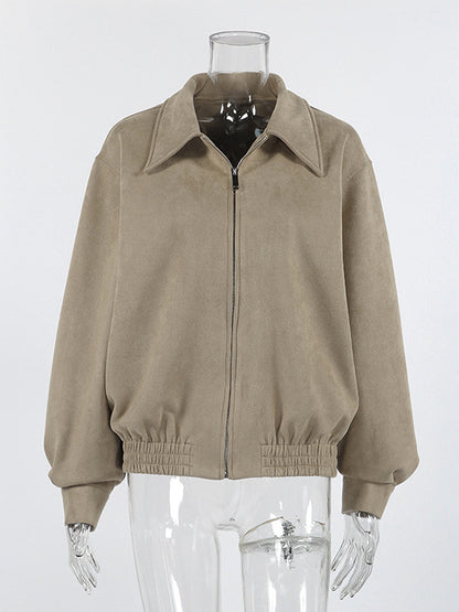 Faux Suede Women's Bomber - Retro Zip Up Elastic Hem Relaxed Fit - Spring Casual Daily Wear 2026