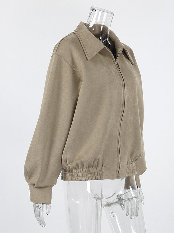 Faux Suede Women's Bomber - Retro Zip Up Elastic Hem Relaxed Fit - Spring Casual Daily Wear 2026