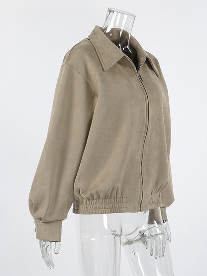 Faux Suede Women's Bomber - Retro Zip Up Elastic Hem Relaxed Fit - Spring Casual Daily Wear 2026