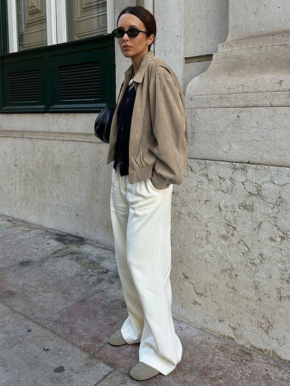 Faux Suede Women's Bomber - Retro Zip Up Elastic Hem Relaxed Fit - Spring Casual Daily Wear 2026