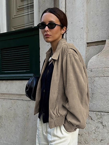 Faux Suede Women's Bomber - Retro Zip Up Elastic Hem Relaxed Fit - Spring Casual Daily Wear 2026