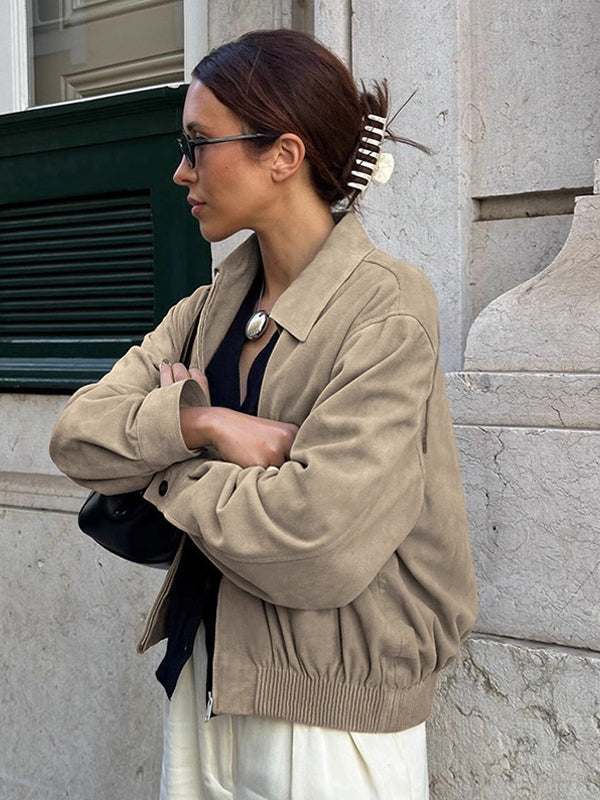 Faux Suede Women's Bomber - Retro Zip Up Elastic Hem Relaxed Fit - Spring Casual Daily Wear 2026