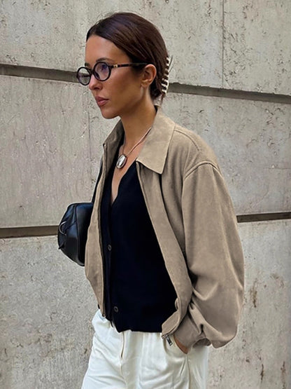 Faux Suede Women's Bomber - Retro Zip Up Elastic Hem Relaxed Fit - Spring Casual Daily Wear 2026