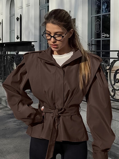 Belted Trench Jacket For Women - Chic High Neck Epaulette Design Slim Fit Peplum - Quiet Luxury Spring Streetwear 2026