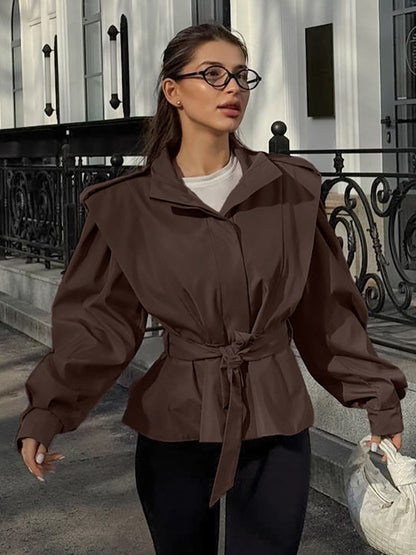 Belted Trench Jacket For Women - Chic High Neck Epaulette Design Slim Fit Peplum - Quiet Luxury Spring Streetwear 2026