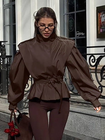 Belted Trench Jacket For Women - Chic High Neck Epaulette Design Slim Fit Peplum - Quiet Luxury Spring Streetwear 2026