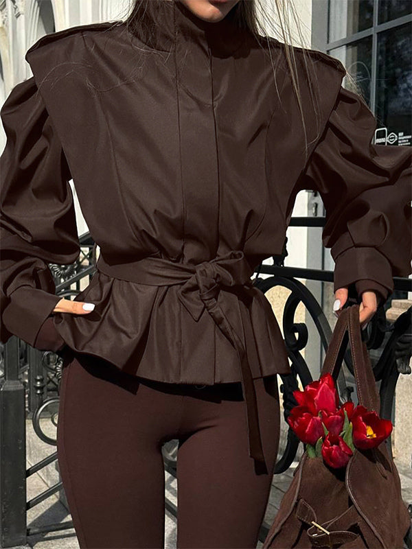 Belted Trench Jacket For Women - Chic High Neck Epaulette Design Slim Fit Peplum - Quiet Luxury Spring Streetwear 2026