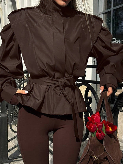 Belted Trench Jacket For Women - Chic High Neck Epaulette Design Slim Fit Peplum - Quiet Luxury Spring Streetwear 2026