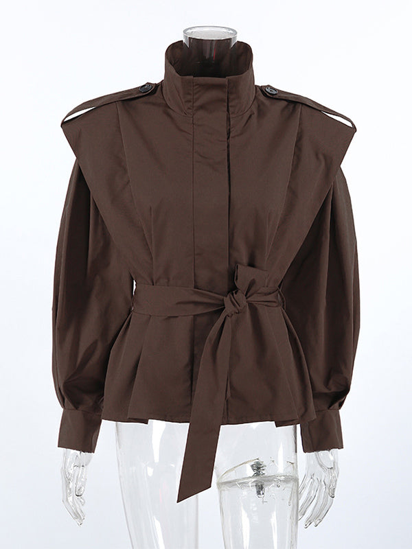 Belted Trench Jacket For Women - Chic High Neck Epaulette Design Slim Fit Peplum - Quiet Luxury Spring Streetwear 2026