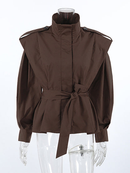 Belted Trench Jacket For Women - Chic High Neck Epaulette Design Slim Fit Peplum - Quiet Luxury Spring Streetwear 2026