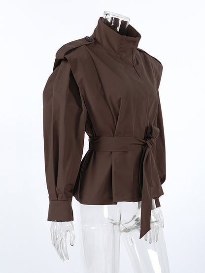 Belted Trench Jacket For Women - Chic High Neck Epaulette Design Slim Fit Peplum - Quiet Luxury Spring Streetwear 2026