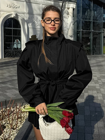 Belted Trench Jacket For Women - Chic High Neck Epaulette Design Slim Fit Peplum - Quiet Luxury Spring Streetwear 2026