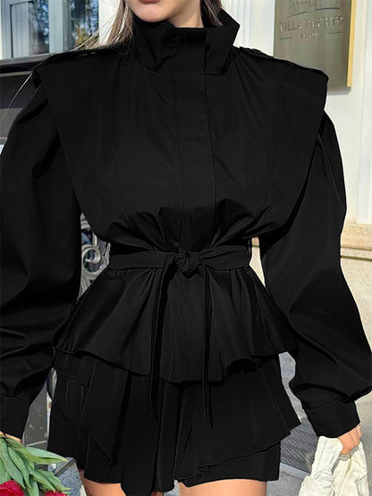 Belted Trench Jacket For Women - Chic High Neck Epaulette Design Slim Fit Peplum - Quiet Luxury Spring Streetwear 2026
