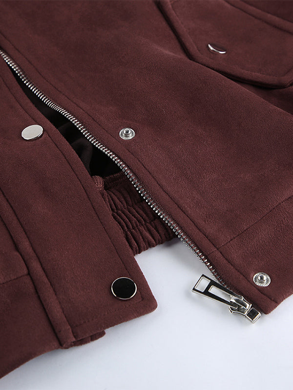 Suede Drop Shoulder Women's Cropped Jacket - Stand Collar Zip Up Slim Fit - Minimalist Spring Casual Outfits 2026