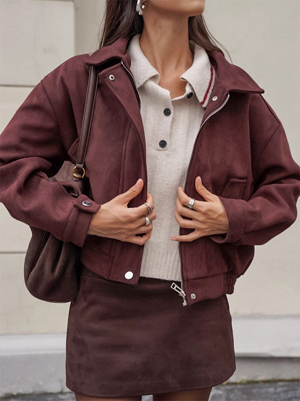 Suede Drop Shoulder Women's Cropped Jacket - Stand Collar Zip Up Slim Fit - Minimalist Spring Casual Outfits 2026