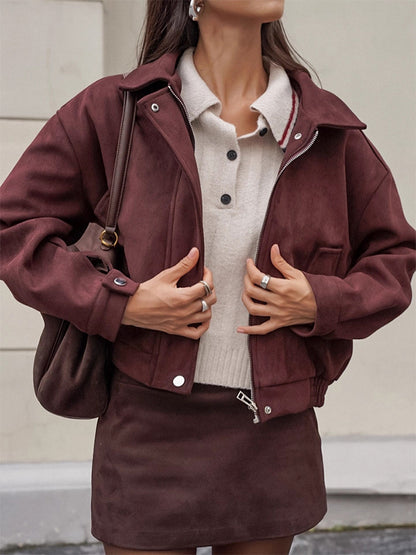 Suede Drop Shoulder Women's Cropped Jacket - Stand Collar Zip Up Slim Fit - Minimalist Spring Casual Outfits 2026