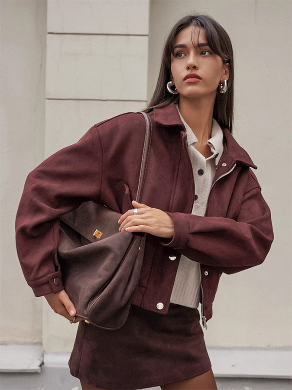Suede Drop Shoulder Women's Cropped Jacket - Stand Collar Zip Up Slim Fit - Minimalist Spring Casual Outfits 2026