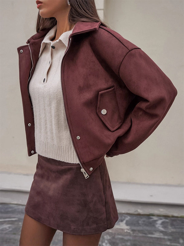 Suede Drop Shoulder Women's Cropped Jacket - Stand Collar Zip Up Slim Fit - Minimalist Spring Casual Outfits 2026