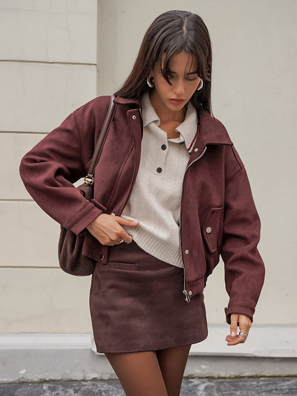 Suede Drop Shoulder Women's Cropped Jacket - Stand Collar Zip Up Slim Fit - Minimalist Spring Casual Outfits 2026