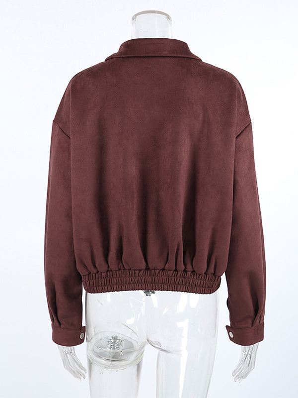 Suede Drop Shoulder Women's Cropped Jacket - Stand Collar Zip Up Slim Fit - Minimalist Spring Casual Outfits 2026