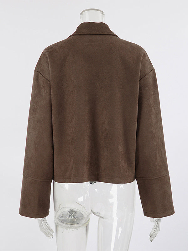 Mocha Suede Women's Cropped Jacket - Minimalist Zip Up Polo Collar Boxy Fit - Street Casual Spring Daily Outfits 2026