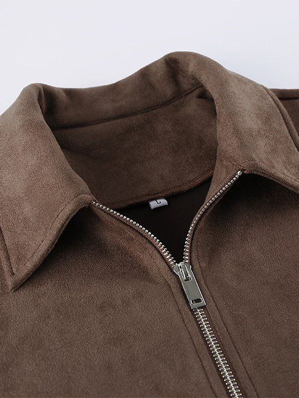Mocha Suede Women's Cropped Jacket - Minimalist Zip Up Polo Collar Boxy Fit - Street Casual Spring Daily Outfits 2026
