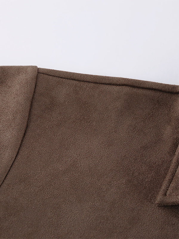 Mocha Suede Women's Cropped Jacket - Minimalist Zip Up Polo Collar Boxy Fit - Street Casual Spring Daily Outfits 2026