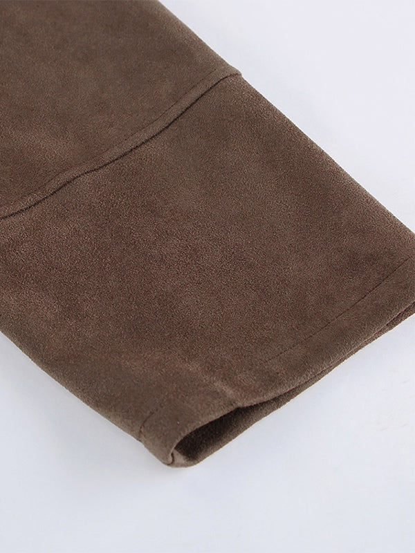 Mocha Suede Women's Cropped Jacket - Minimalist Zip Up Polo Collar Boxy Fit - Street Casual Spring Daily Outfits 2026