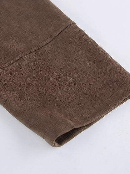 Mocha Suede Women's Cropped Jacket - Minimalist Zip Up Polo Collar Boxy Fit - Street Casual Spring Daily Outfits 2026