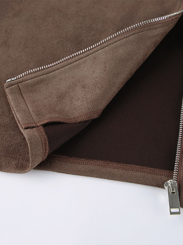 Mocha Suede Women's Cropped Jacket - Minimalist Zip Up Polo Collar Boxy Fit - Street Casual Spring Daily Outfits 2026