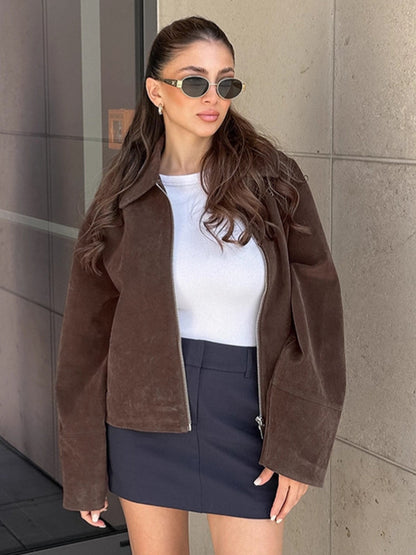 Mocha Suede Women's Cropped Jacket - Minimalist Zip Up Polo Collar Boxy Fit - Street Casual Spring Daily Outfits 2026