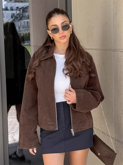 Mocha Suede Women's Cropped Jacket - Minimalist Zip Up Polo Collar Boxy Fit - Street Casual Spring Daily Outfits 2026
