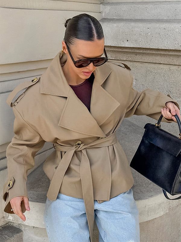 Khaki Belted Waist Women's Short Trench Coat - Chic Double Breasted Jacket - Old Money Spring Outfits 2026