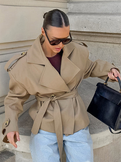 Khaki Belted Waist Women's Short Trench Coat - Chic Double Breasted Jacket - Old Money Spring Outfits 2026