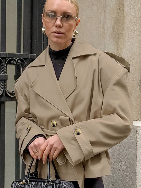 Khaki Belted Waist Women's Short Trench Coat - Chic Double Breasted Jacket - Old Money Spring Outfits 2026