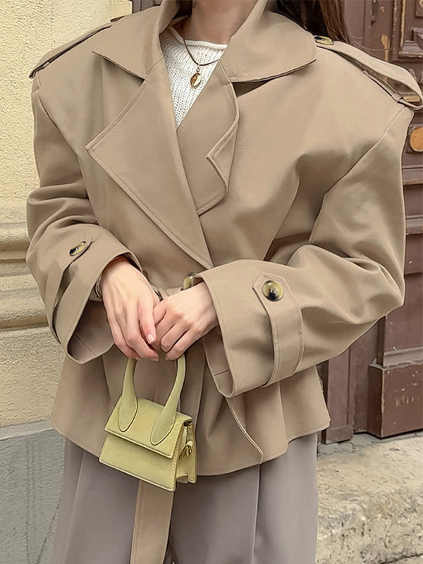 Khaki Belted Waist Women's Short Trench Coat - Chic Double Breasted Jacket - Old Money Spring Outfits 2026
