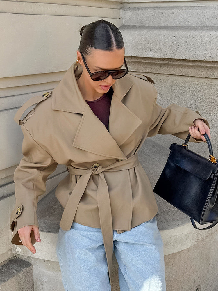 Khaki Belted Waist Women's Short Trench Coat - Chic Double Breasted Jacket - Old Money Spring Outfits 2026