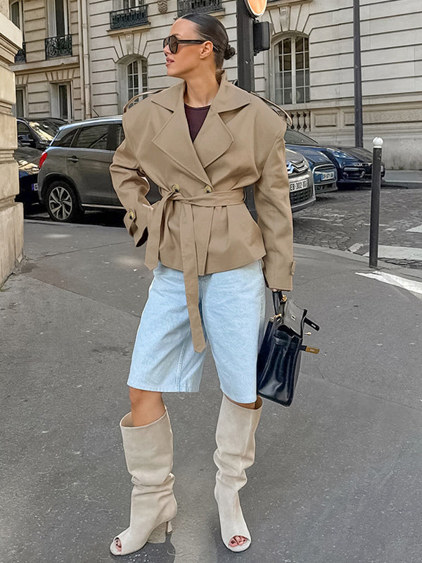 Khaki Belted Waist Women's Short Trench Coat - Chic Double Breasted Jacket - Old Money Spring Outfits 2026