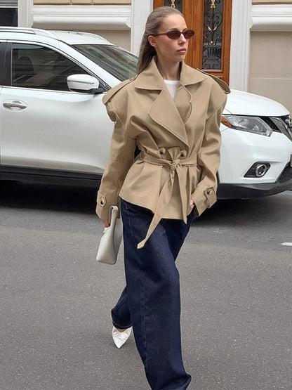 Khaki Belted Waist Women's Short Trench Coat - Chic Double Breasted Jacket - Old Money Spring Outfits 2026