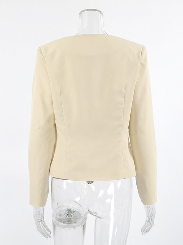 Butter Yellow Women's Cropped Blazer - Elegant Buckle Front Round Neck Jacket - Slim Fit Date Night Outfits 2026
