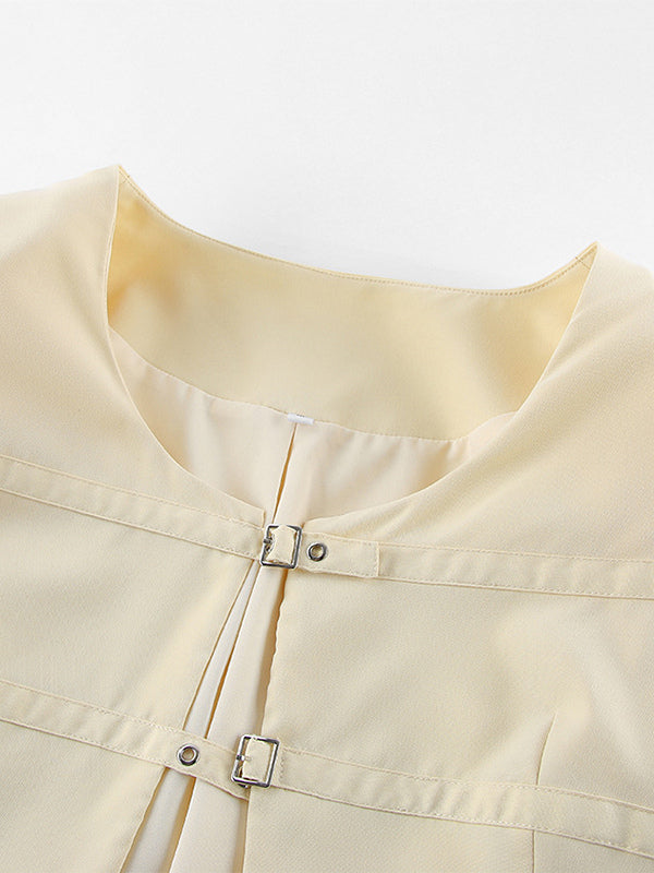 Butter Yellow Women's Cropped Blazer - Elegant Buckle Front Round Neck Jacket - Slim Fit Date Night Outfits 2026
