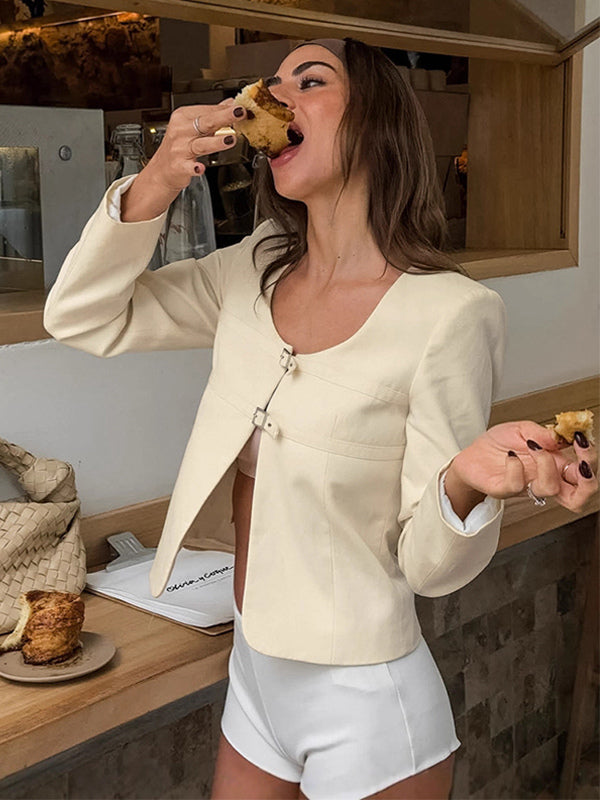 Butter Yellow Women's Cropped Blazer - Elegant Buckle Front Round Neck Jacket - Slim Fit Date Night Outfits 2026
