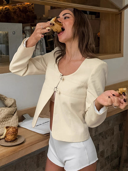Butter Yellow Women's Cropped Blazer - Elegant Buckle Front Round Neck Jacket - Slim Fit Date Night Outfits 2026