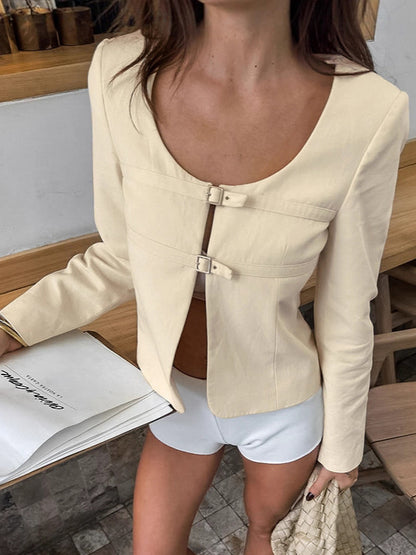 Butter Yellow Women's Cropped Blazer - Elegant Buckle Front Round Neck Jacket - Slim Fit Date Night Outfits 2026