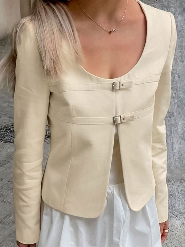 Butter Yellow Women's Cropped Blazer - Elegant Buckle Front Round Neck Jacket - Slim Fit Date Night Outfits 2026